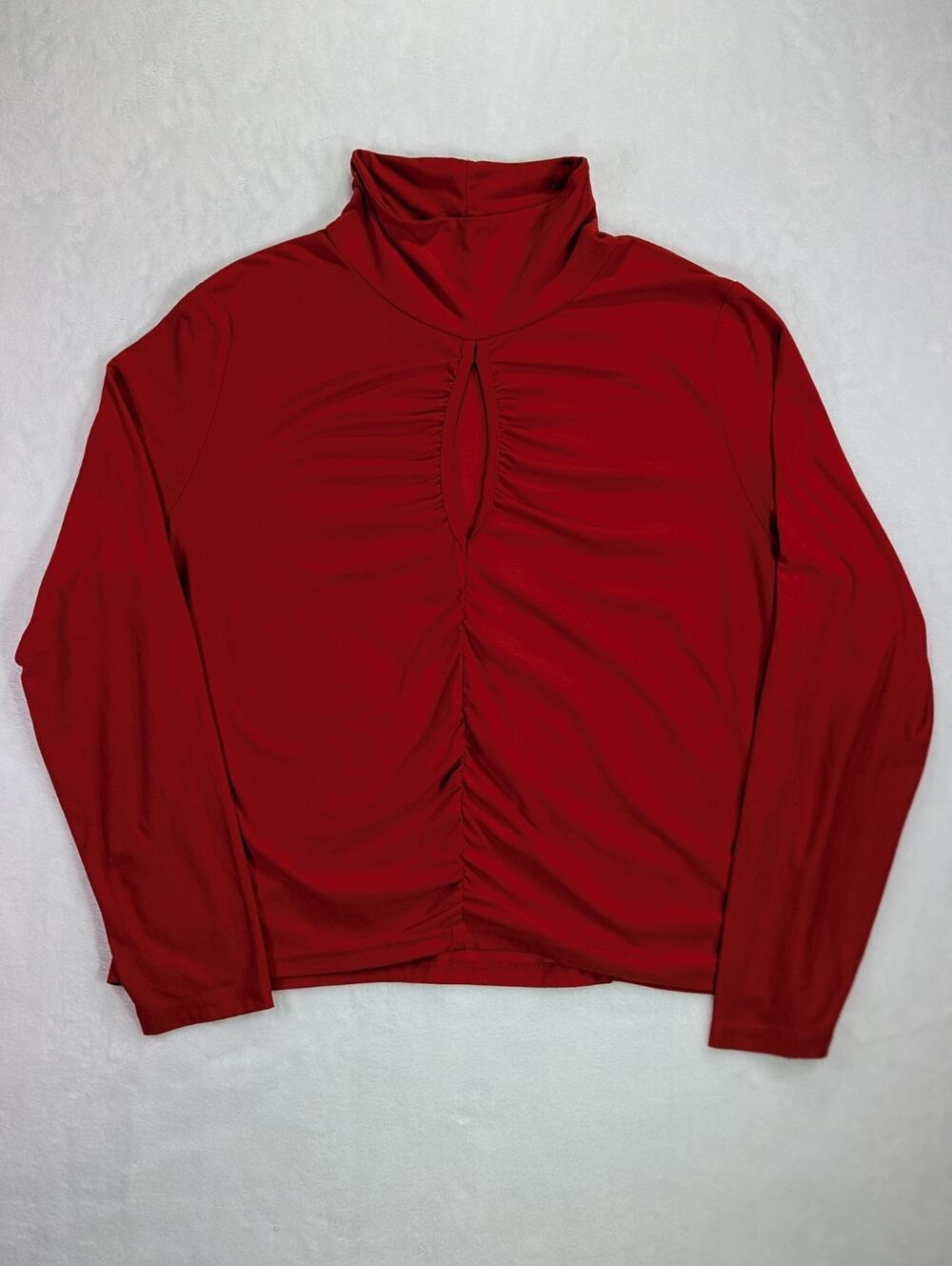 Feathers Red Mockneck Keyhole Blouse Women's Plus Size 2X Ruched Long Sleeve